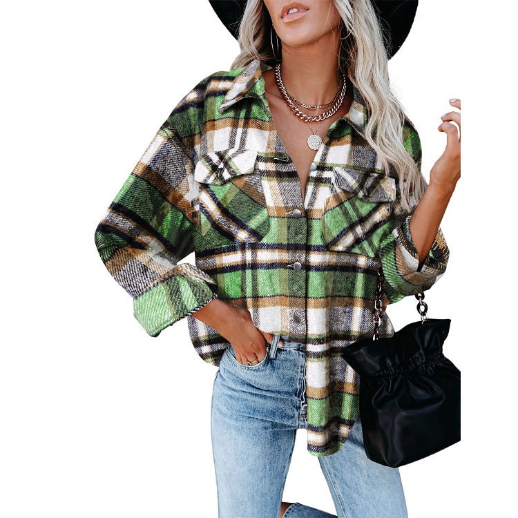 Women's Plaid Woolen Breasted Casual Shirt