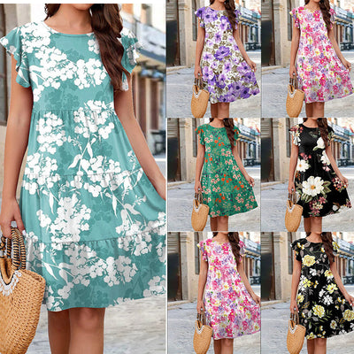 Women's Summer Floral Print Ruffle Sleeve Beach Dress