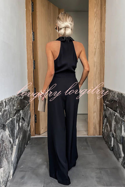 Fashionable Unique Look Halter Shirt Collar Wide Leg Jumpsuit