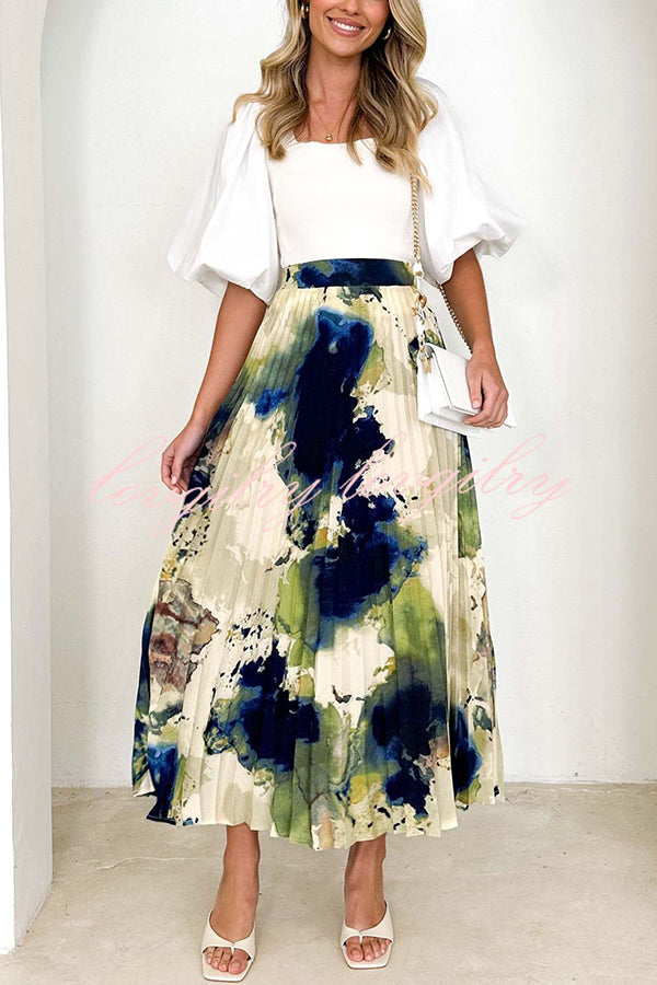 Abstract Art Paint Print Stretch Waist Pleated Skirts