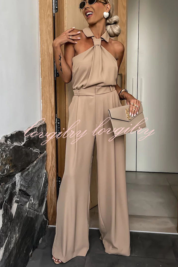 Fashionable Unique Look Halter Shirt Collar Wide Leg Jumpsuit