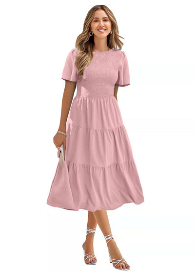 Women's Round Neck Smocked Short Sleeve Casual Dress