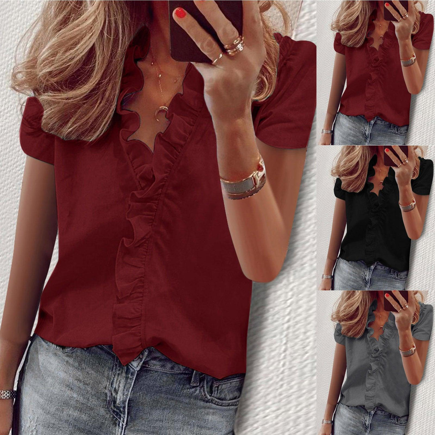 Solid Color V-Neck Short Sleeve Ruffle Shirt