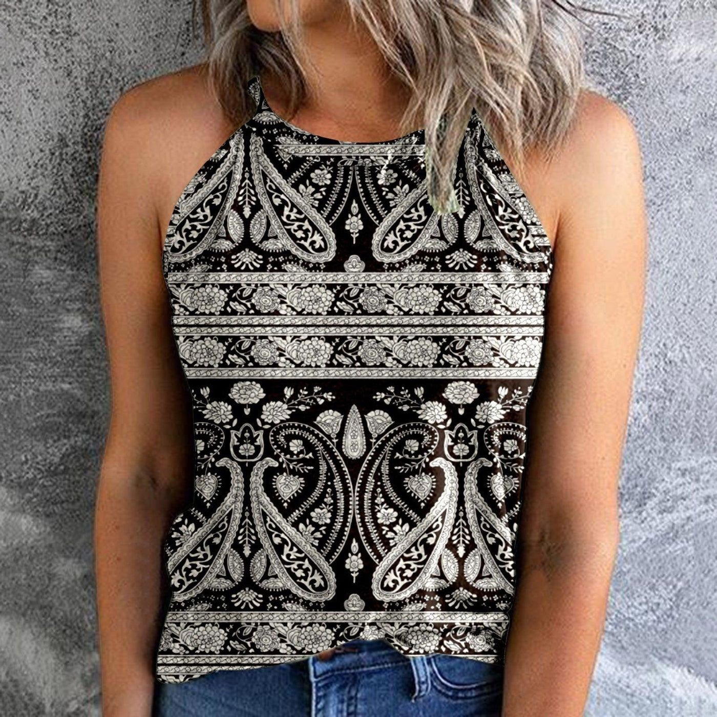 Women's Bohemian Print Vest Stitching Retro Top