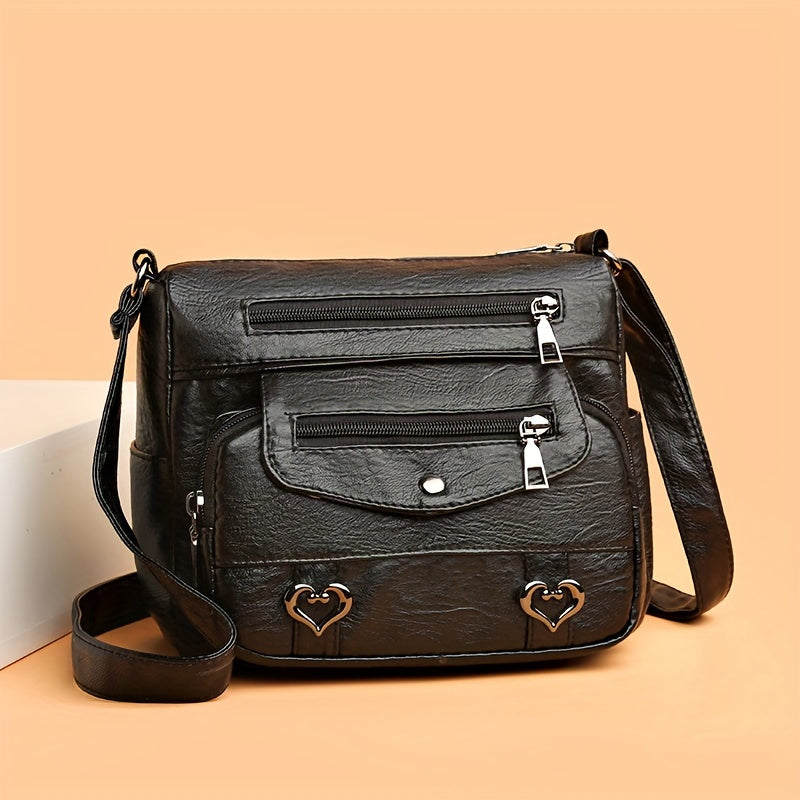 Retro Multi-Pocket Crossbody Bag - Soft Faux Leather, Heart Decor Shoulder Bag