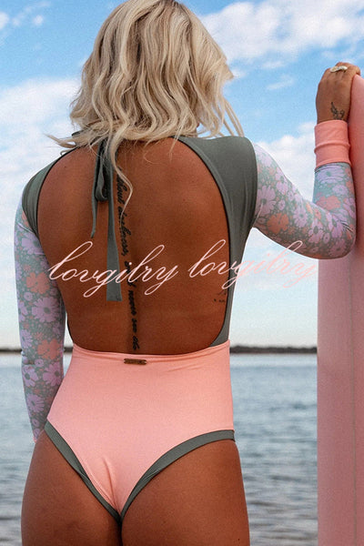 Floral Print Paneled Long-sleeved Open Back Stretch One-piece Swimsuit