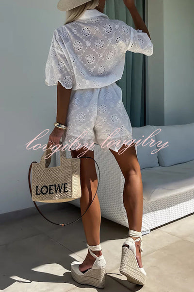 Elegant and Chic Embroidered Lace Flowers Button Up Belted Loose Shirt Romper