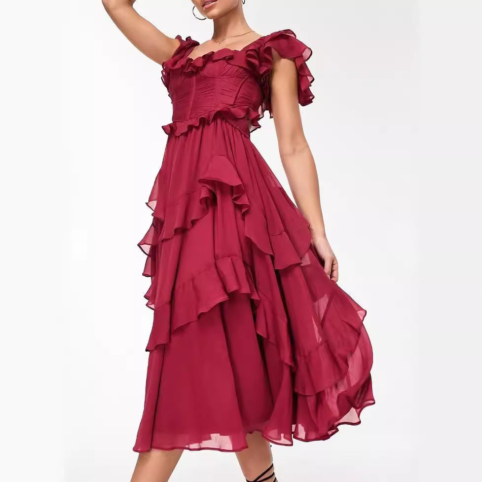 Summer Holiday Ruffled Short-sleeved Dress Fashion Backless Square Neck