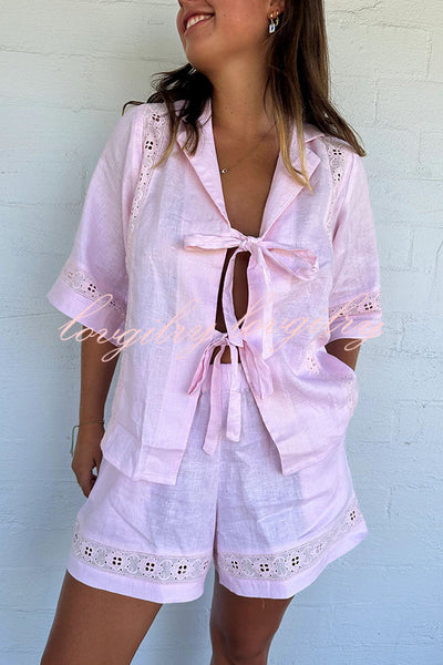 Celebrate Vacation Linen Blend Lace Splicing Tie-up Shirt and Elastic Waist Pocketed Shorts Set