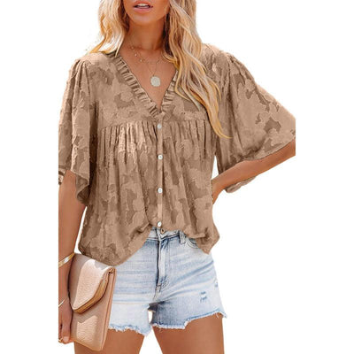 V-neck Cardigan Five-point Mid-sleeve Chiffon Shirt Print Top