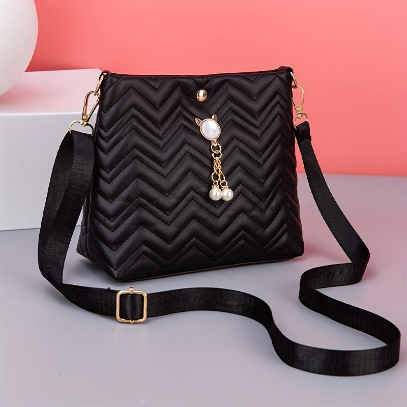 Wave Quilted Bucket Bag - Mini Crossbody, Trendy Shoulder Handbag