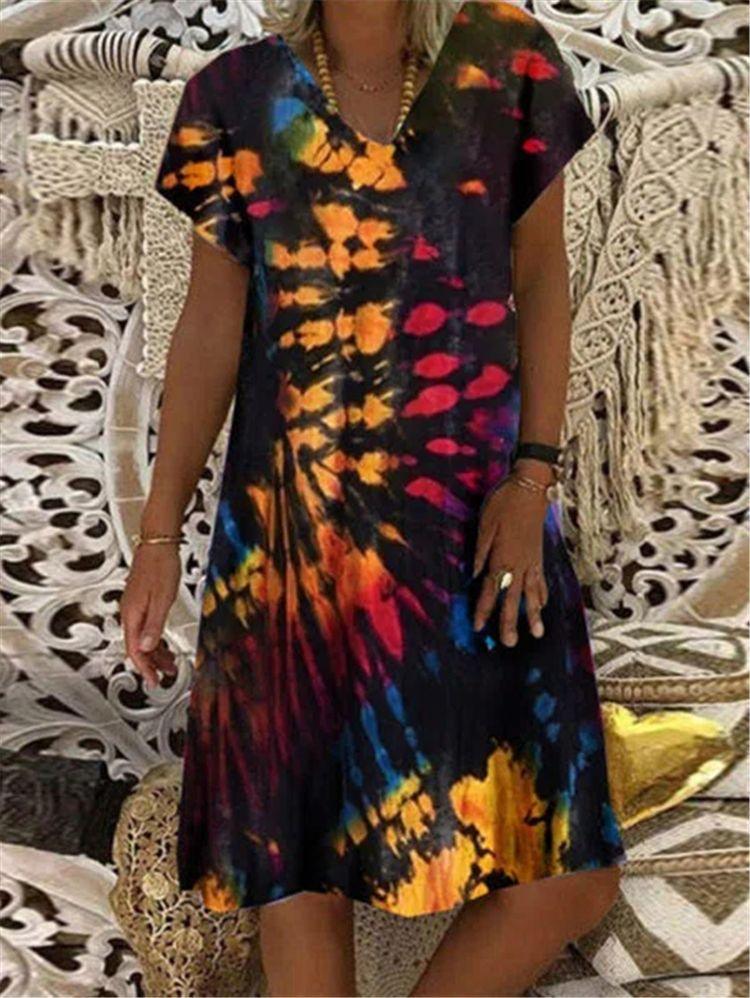 Print Short-sleeved V-neck Mid-length Dress