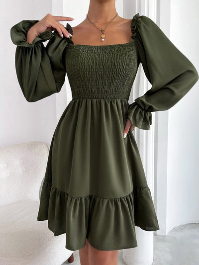 Women's Square Neck Flared with Ruffled Long Sleeves Dress