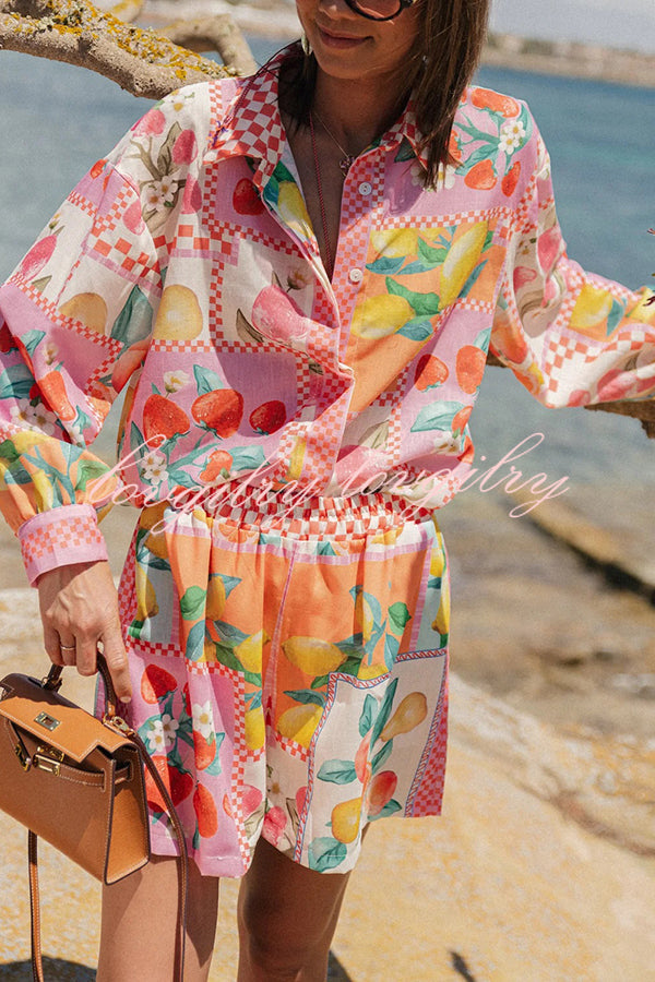 Leisurely Outings Summer Fruit Print Loose Long Sleeve Shirt and Elastic Waist Pocket Shorts Set