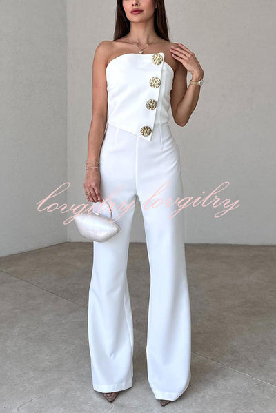 Solid Color Sexy Tube Top Gold Button Embellished Bootcut Jumpsuit