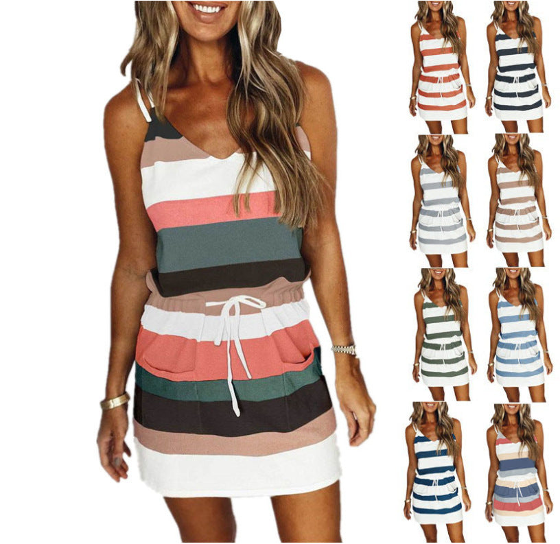 Stripe Drawstring Loose Sleeveless Dress