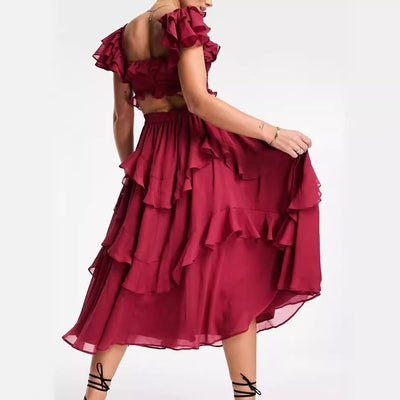 Summer Holiday Ruffled Short-sleeved Dress Fashion Backless Square Neck