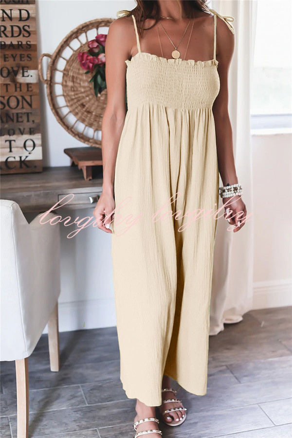 Elegant Solid Color High Waist Linen Blend Suspender Pleated Jumpsuit