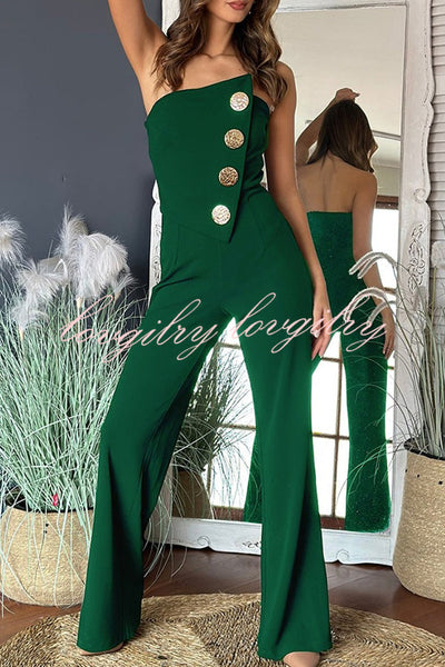 Solid Color Sexy Tube Top Gold Button Embellished Bootcut Jumpsuit