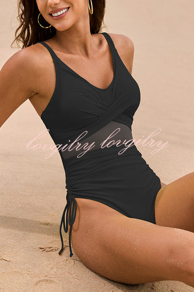 Solid Color Drawstring Waist Mesh One-Piece Swimsuit