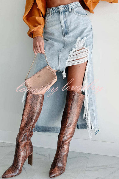 Darla Cutting Ties Heavily Distressed Denim Maxi Skirt