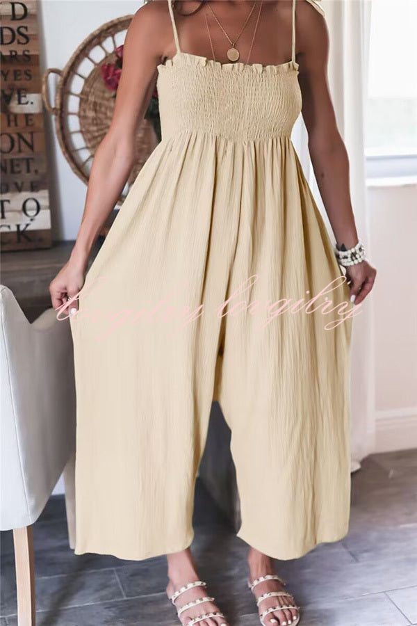 Elegant Solid Color High Waist Linen Blend Suspender Pleated Jumpsuit