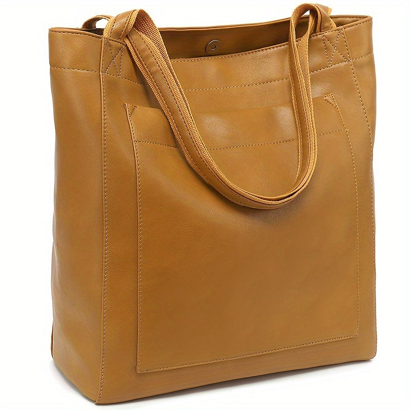 Retro Solid Color Tote Bag - Oil Leather PU, Multi-Pocket Shoulder Bag