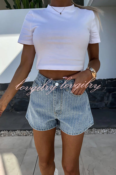 Fashion Rhinestone Loose Pocket Denim Shorts