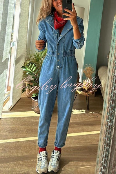 Carey Denim Button Up Long Sleeve Elastic Waist Pocketed Loose Jumpsuit