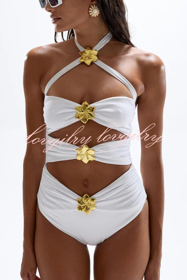 Sun and Sea Hollow Metal Flower Decoration Stretch One-piece Swimsuit