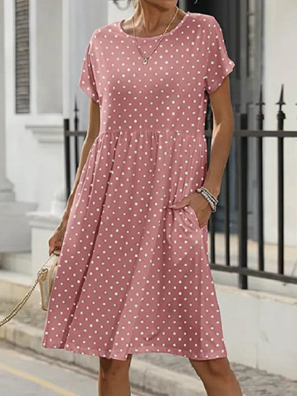 Summer Polka Dot Print Dress with Short Sleeves and Round Neck