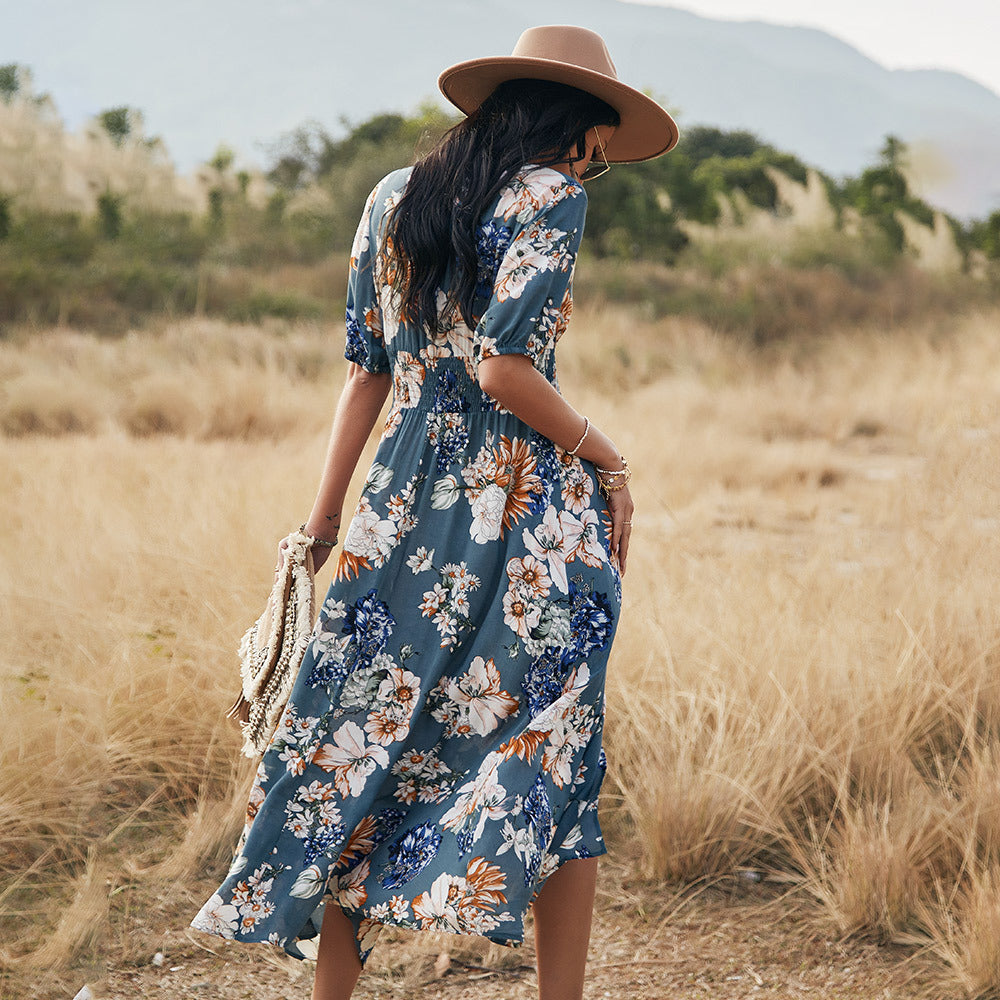 Floral Summer V-Neck Elastic Waist Dresses