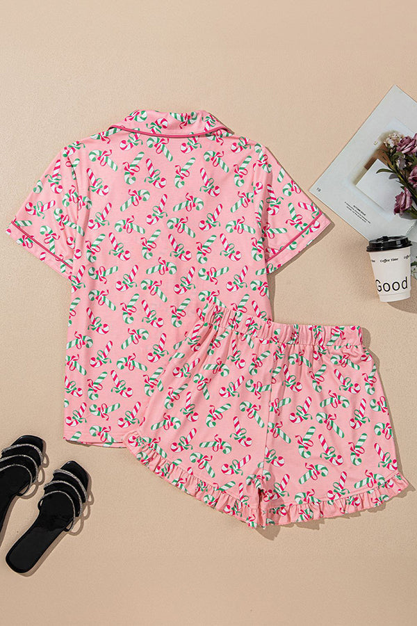 Christmas Candy Cane Print Pocket Top and Elastic Waist Ruffle Lounge Shorts Set