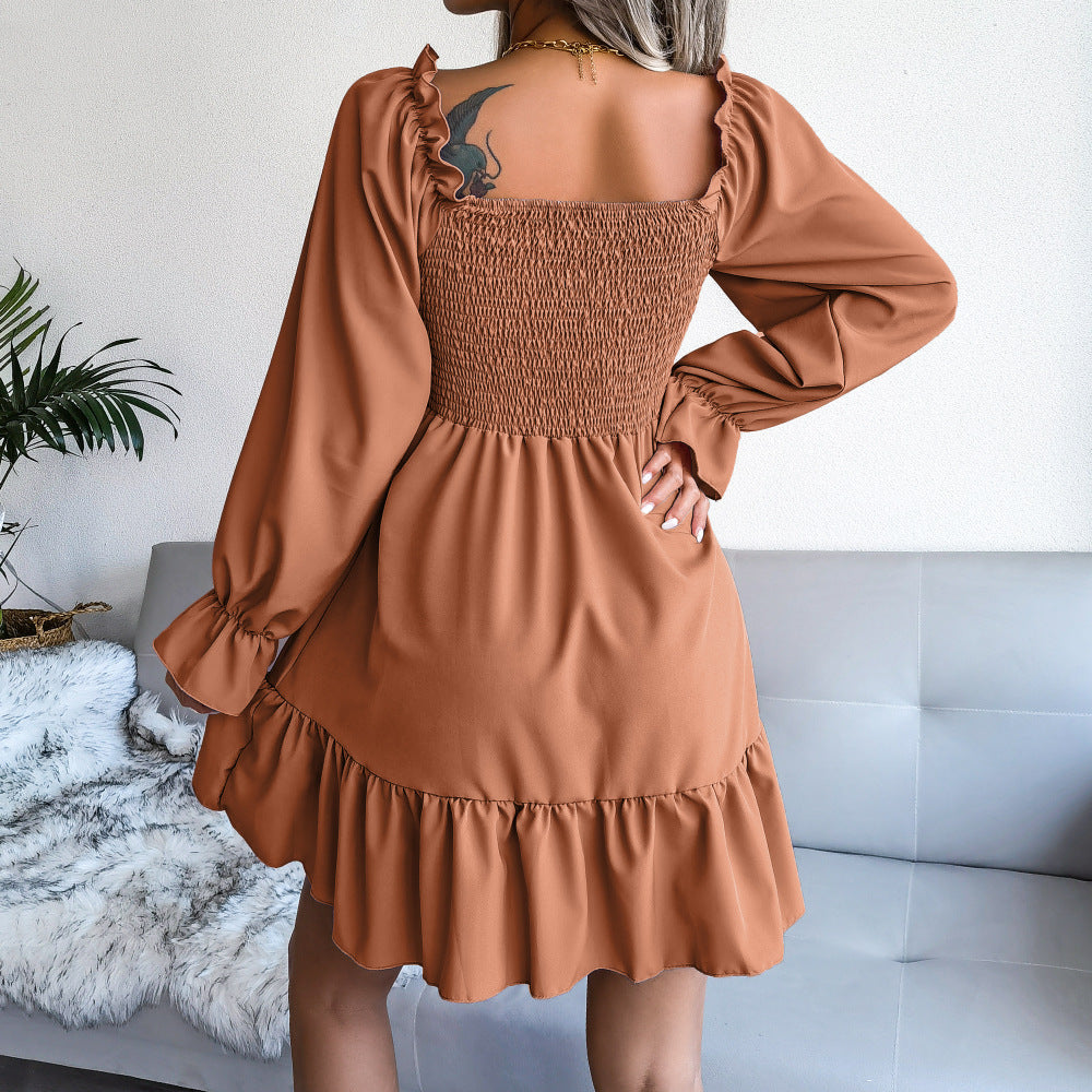 Women's Square Neck Flared with Ruffled Long Sleeves Dress