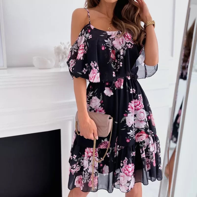 Flower Printed Summer V-neck Stitching Off-the-shoulder Strap Dress