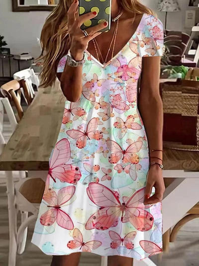 Women's V-Neck Fashion Print Loose Dress