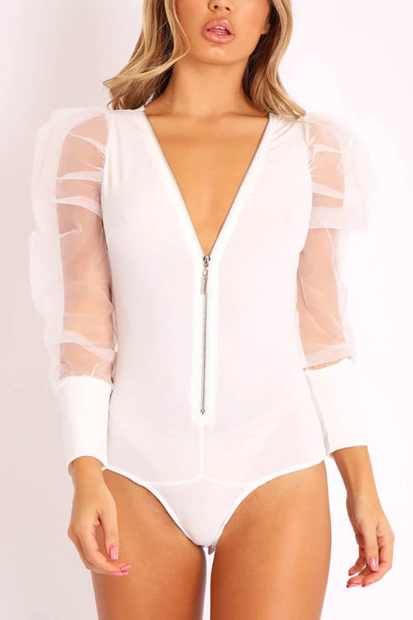 Solid Color Zip Front Sheer Puff Sleeves Bodysuit