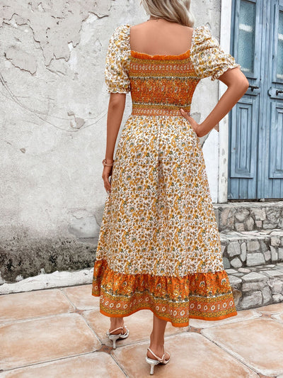 Bohemian Square Collar Puff Sleeve Printed Women's Dress