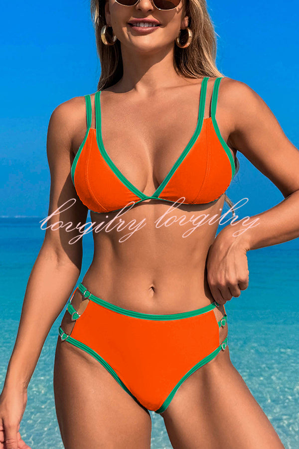 Contrast Color Lace-up Stretch Two-piece Bikini Swimsuit