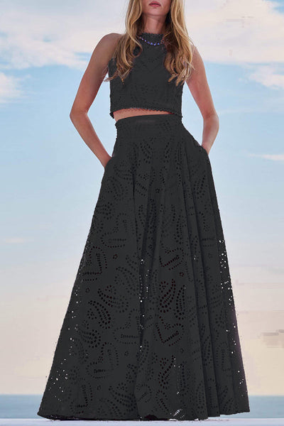 Paris Dreaming Embroidered Lace High Rise Elastic Waist Pocket Maxi Skirt