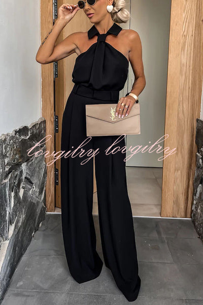 Fashionable Unique Look Halter Shirt Collar Wide Leg Jumpsuit