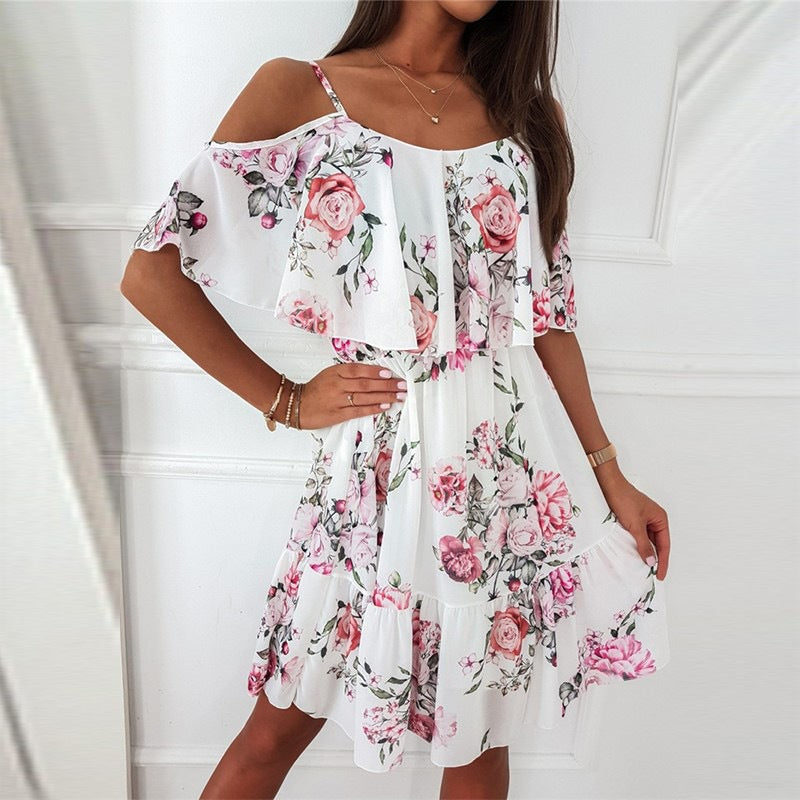 Flower Printed Summer V-neck Stitching Off-the-shoulder Strap Dress