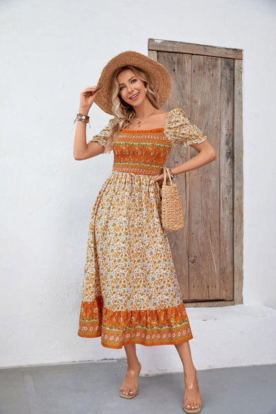 Bohemian Square Collar Puff Sleeve Printed Women's Dress