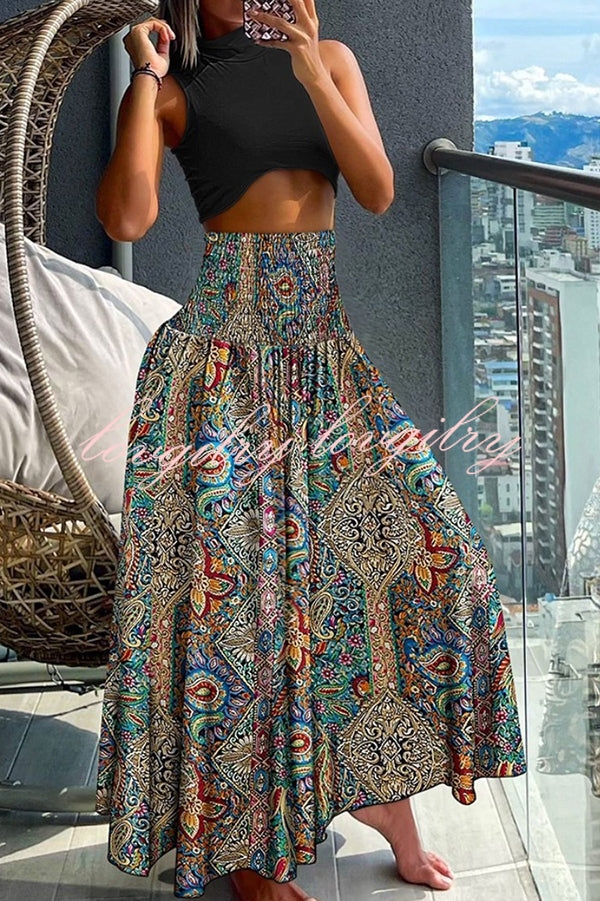 Unique Printed Pleated Elastic Waist Holiday Casual Maxi Skirt