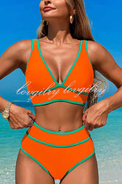 Solid Color Contrast High Waist Stretch Bikini Swimsuit