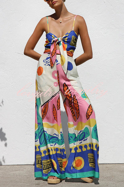 Unique Printed Back Pleated Suspenders Loose Pocket Wide-leg Jumpsuit