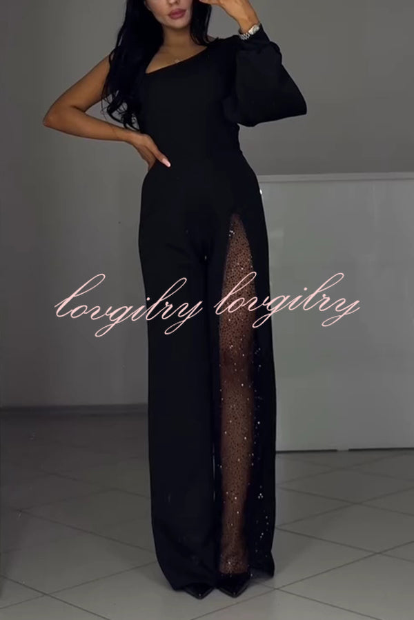 Fashionable Oblique Shoulder One-sleeve Sexy High Slit Slim Jumpsuit