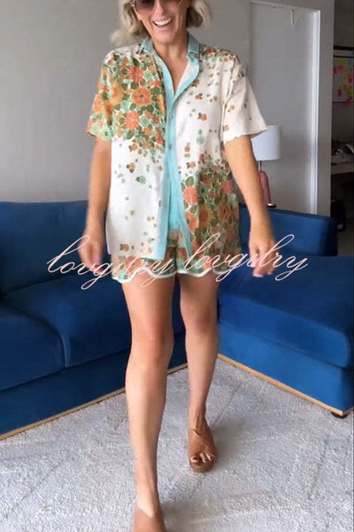 Retro Linen Blend Floral Print Shirt and High Rise Pocketed Slit Shorts Set