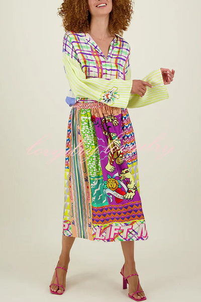 Boho Chic Satin Colorful Unique Print Elastic Waist Pocket Vacation Midi Skirt