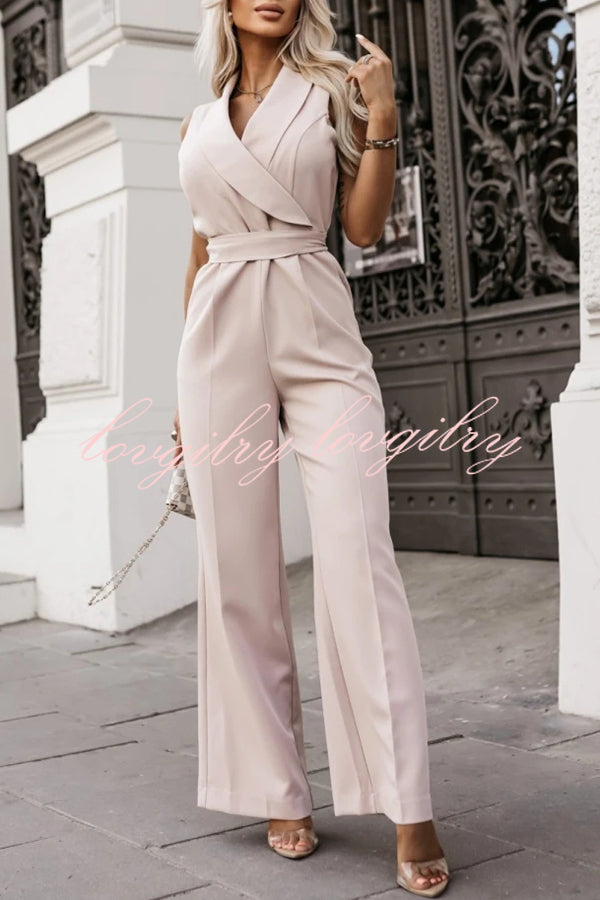 Make Your Entrance Lapel Belt Pocketed Wide Leg Formal Jumpsuit